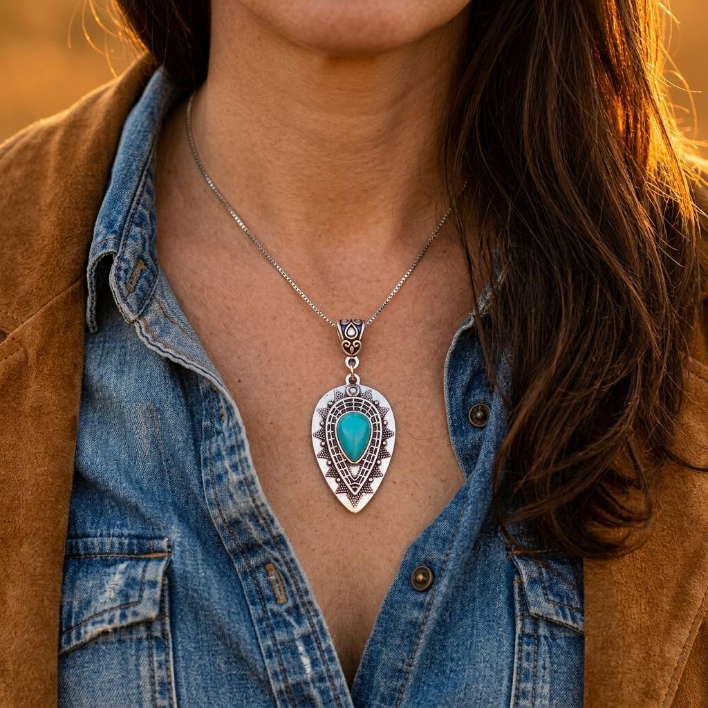 Boho Silver Turquoise Teardrop Necklace