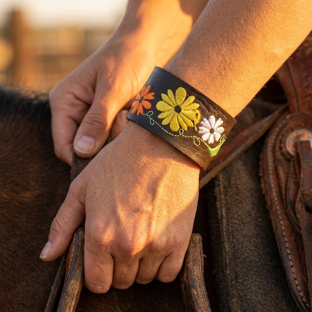 Handmade Brown Leather Embroidered Flower Bracelet