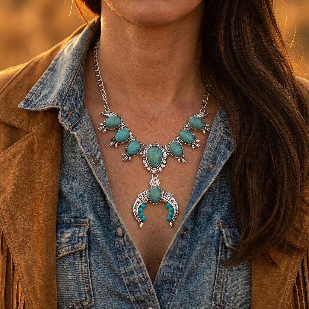 Boho Silver Turquoise Squash Blossom Necklace