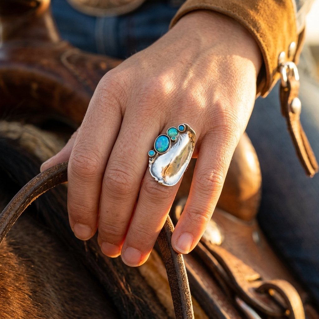 Boho Silver Blue Opal Oval Ring