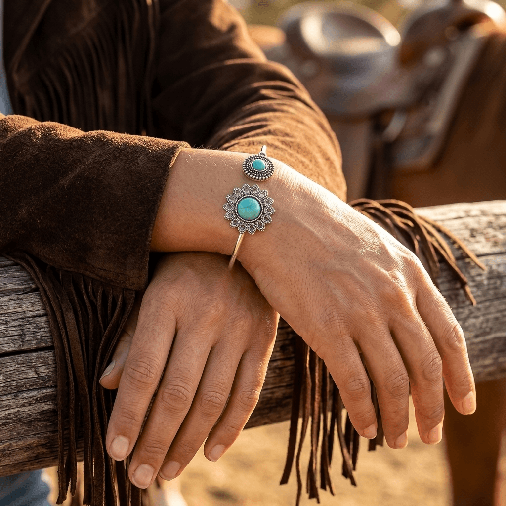 Retro Silver Turquoise Flower Open Bracelet