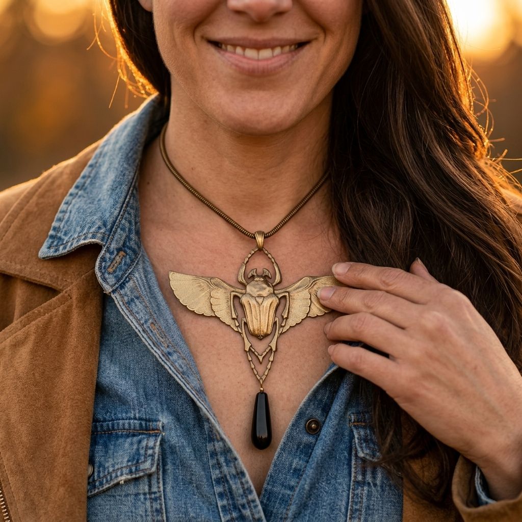 Vintage Gold Winged Beetle Onyx Necklace