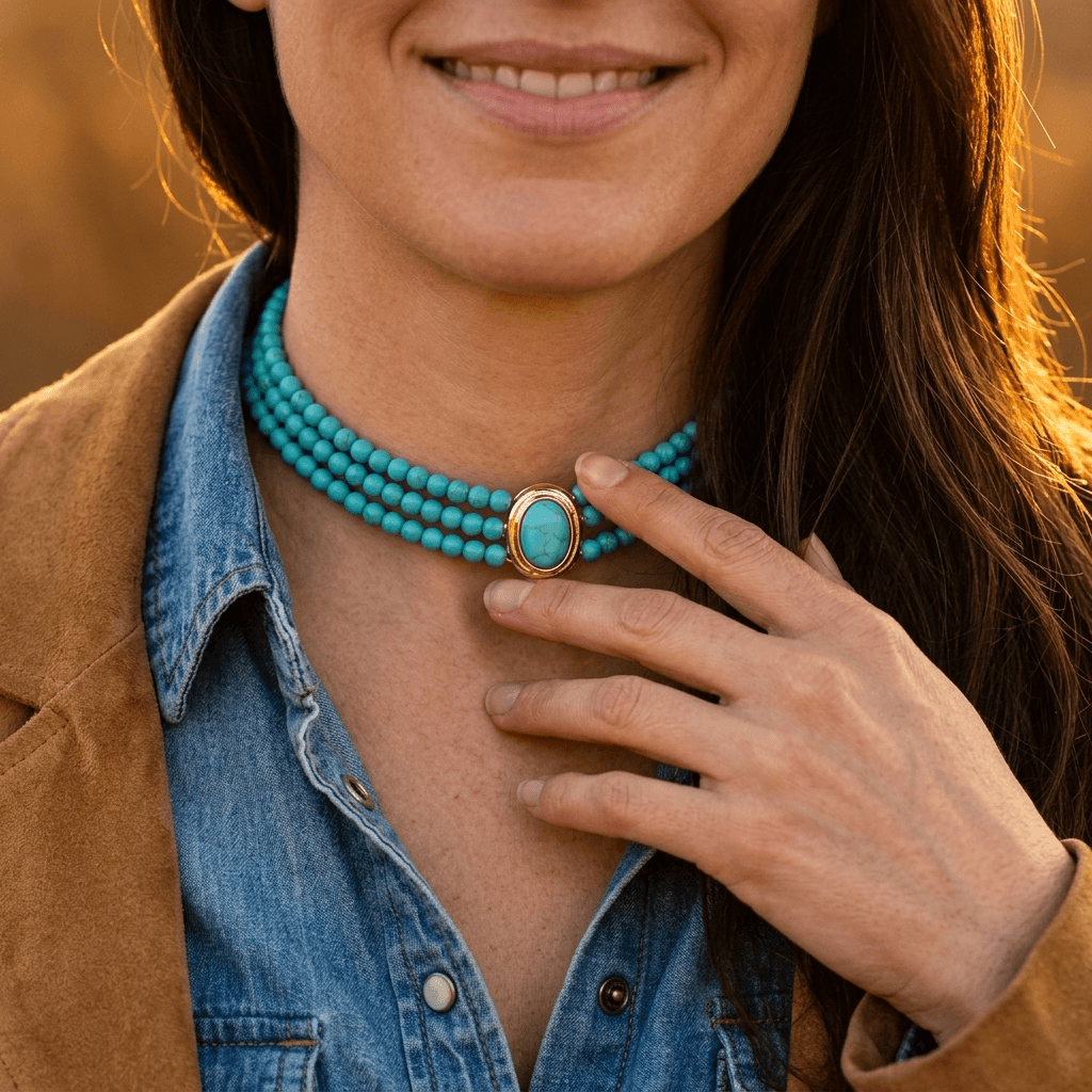 Elegant Turquoise Beaded Gold Oval Necklace