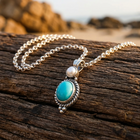 Turquoise Pearl Silver Oval Pendant Necklace