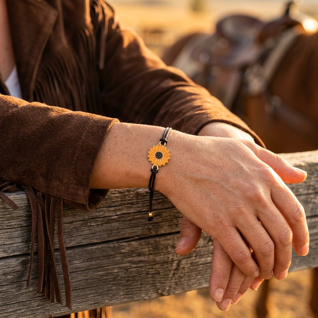 Boho Black Cord Gold Sunflower Bracelet