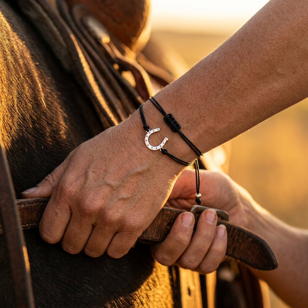 Adjustable Black Cord Crystal Horseshoe Bracelet