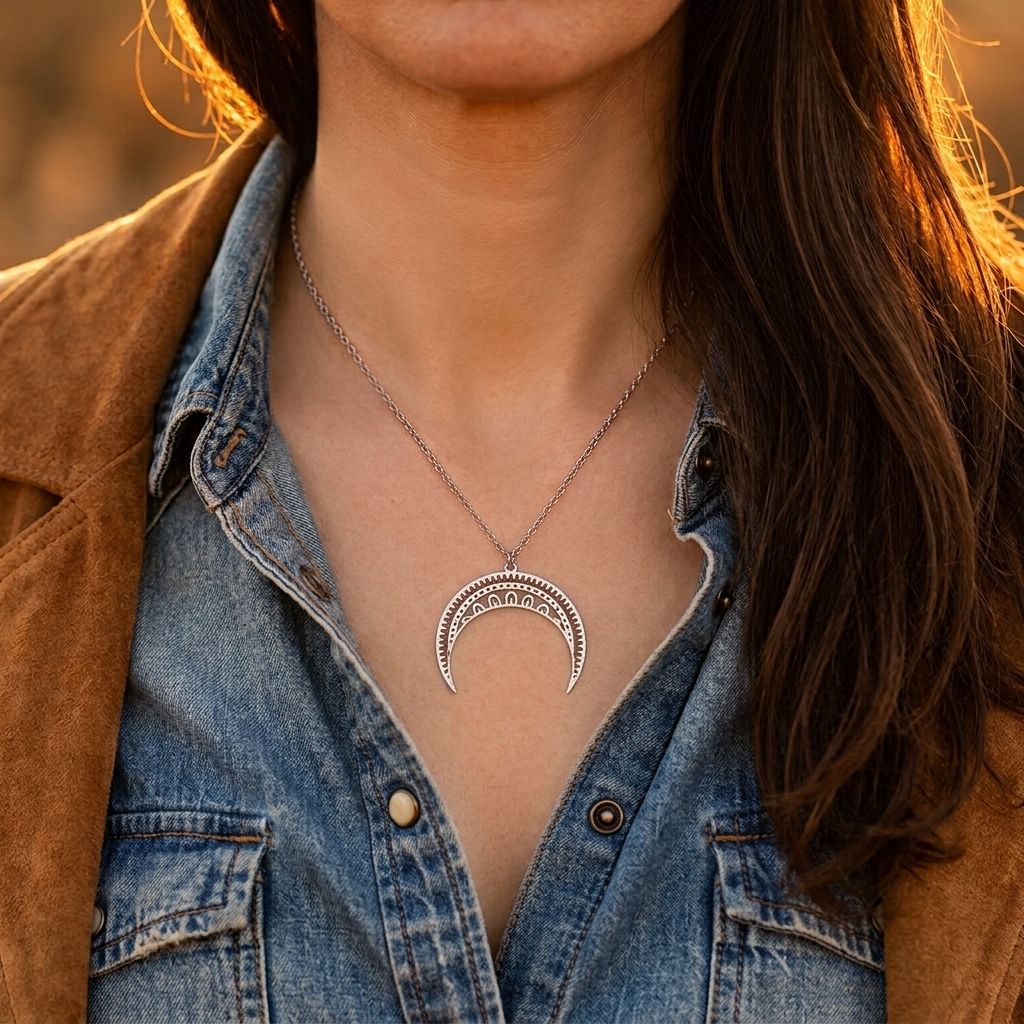 Boho Silver Crescent Moon Filigree Necklace