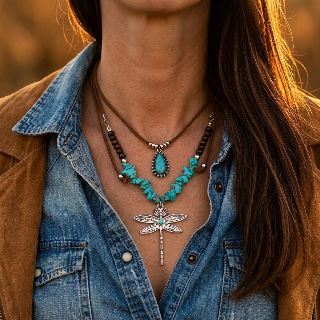 Boho Leather Turquoise Dragonfly Necklace