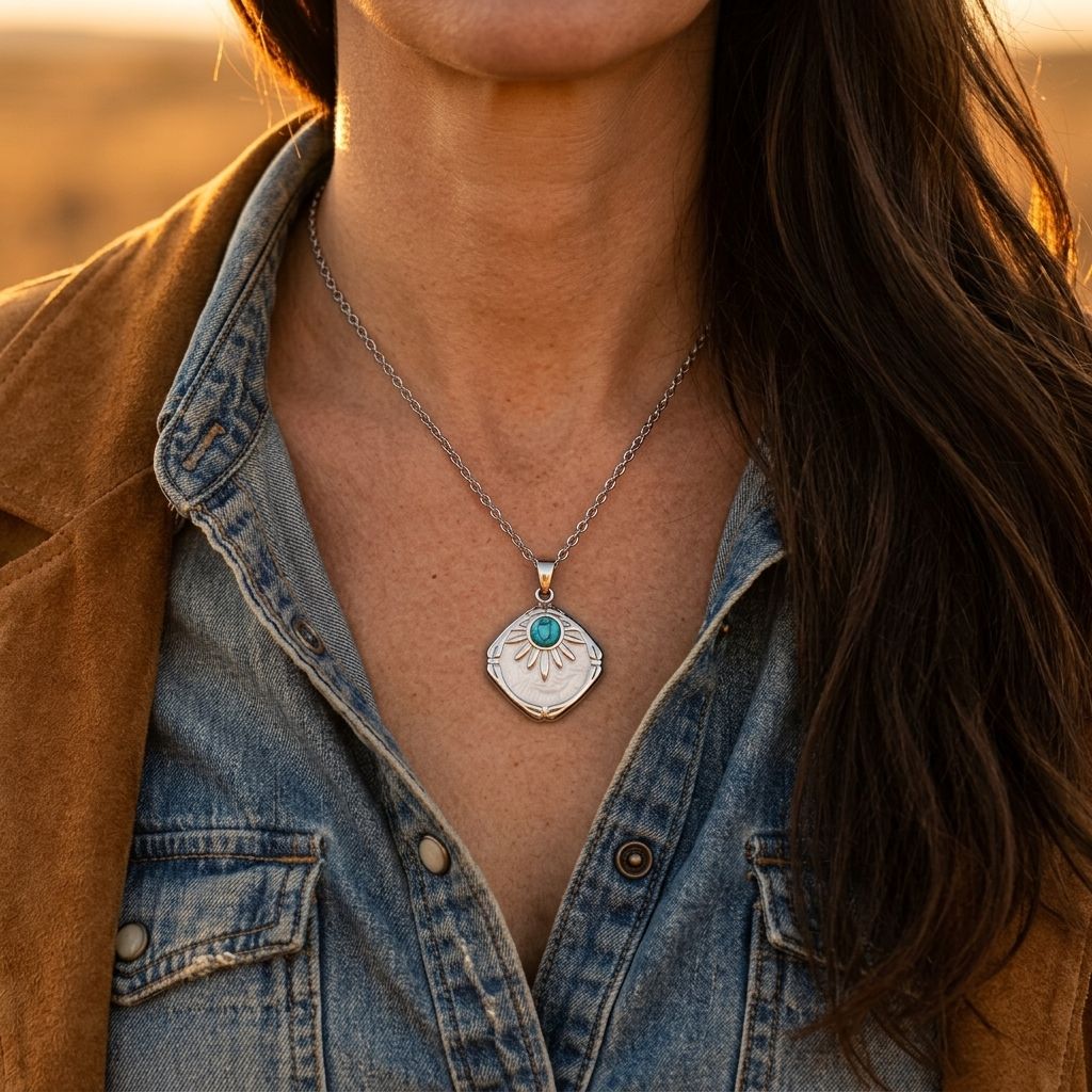 Vintage Silver Turquoise Sunburst Square Necklace