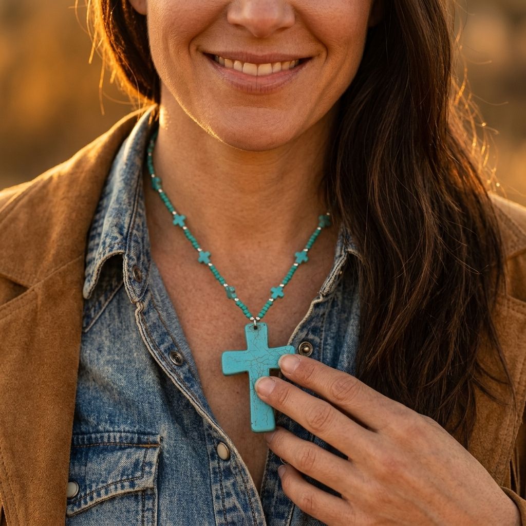 Bohemian Turquoise Beaded Cross Pendant Necklace