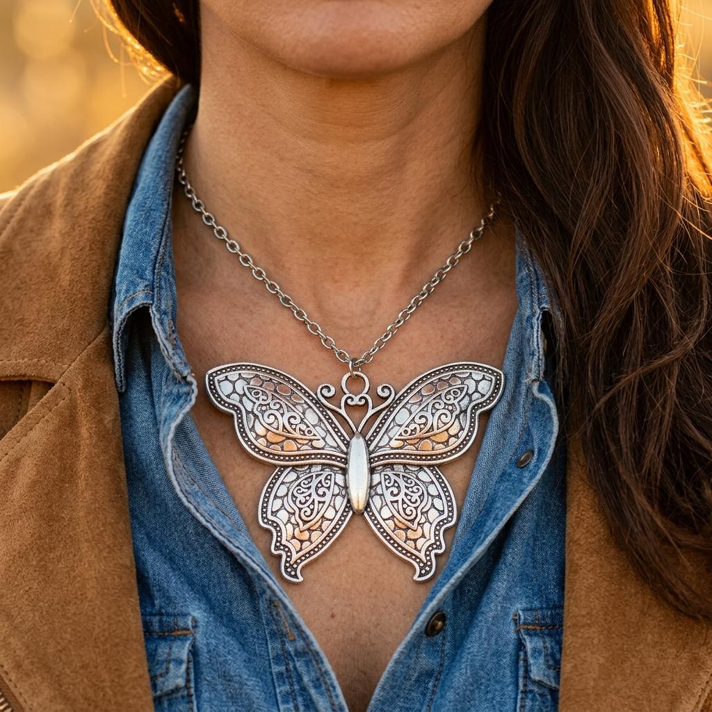 Vintage Silver Filigree Butterfly Necklace