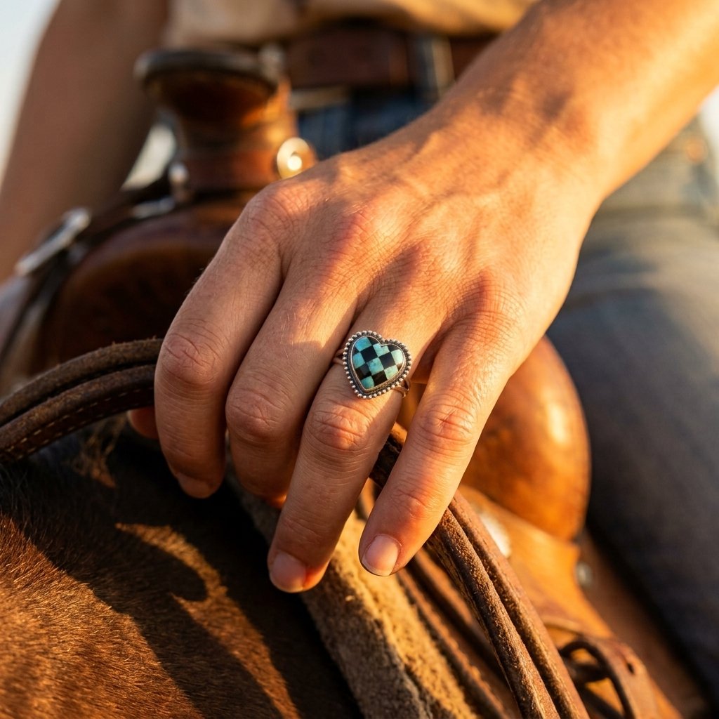 Vintage Silver Turquoise Checkered Heart Ring