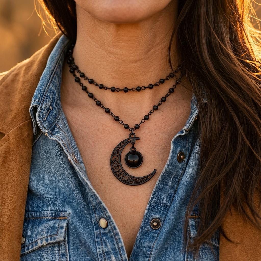 Vintage Silver Filigree Moon Black Necklace