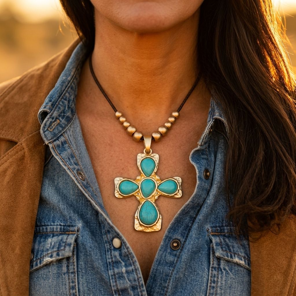 Boho Gold Turquoise Cross Pendant Necklace