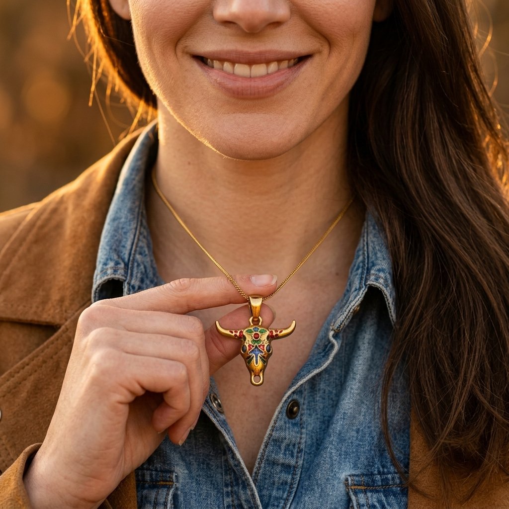 Boho Gold Enamel Bull Head Necklace