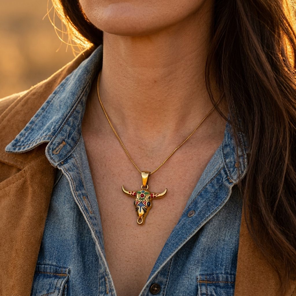 Boho Gold Enamel Bull Head Necklace