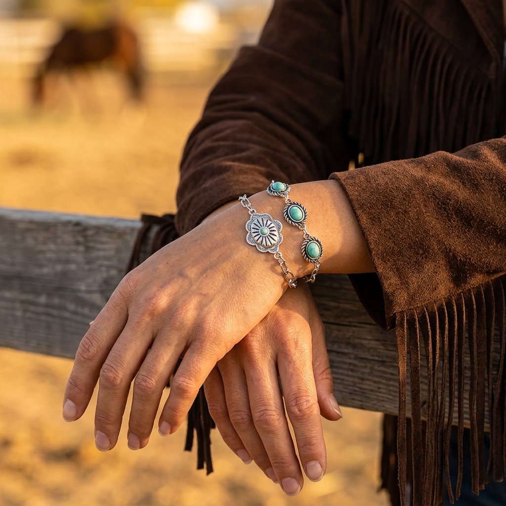 Boho Silver Turquoise Flower Bracelet Set