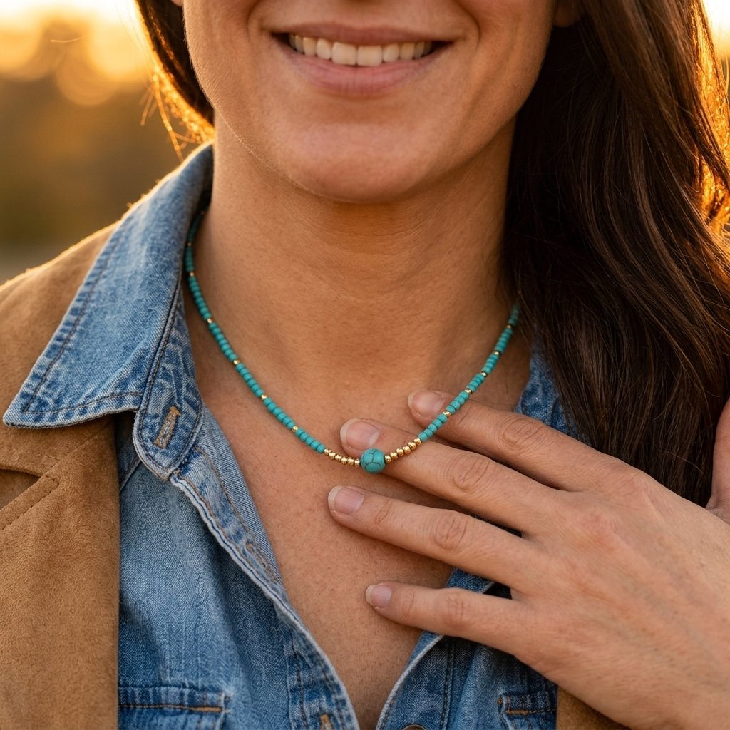 Boho Turquoise Gold Beaded Sphere Necklace