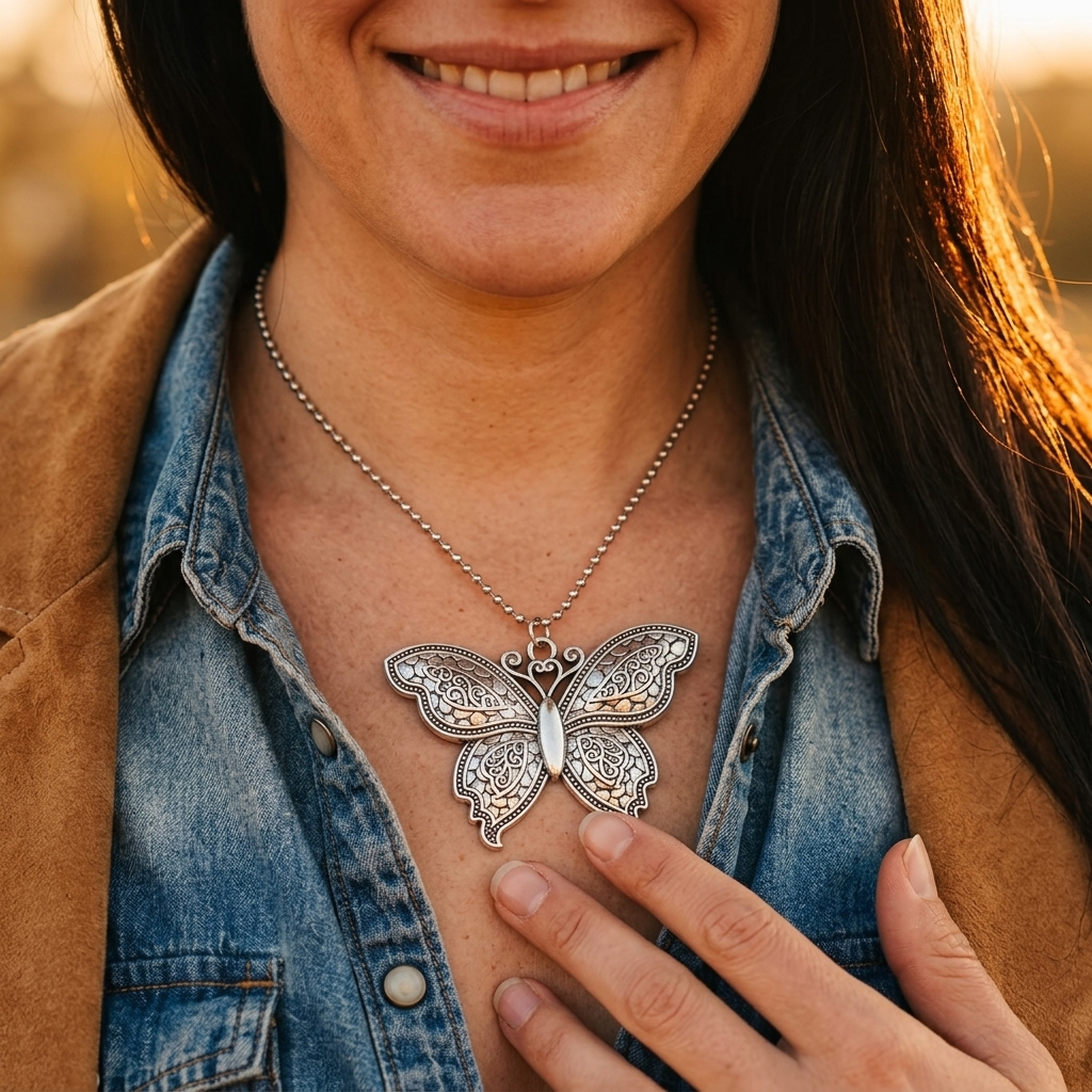 Vintage Silver Butterfly Ornate Pendant Necklace