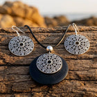 Boho Silver Turquoise Pattern Necklace Earrings Set