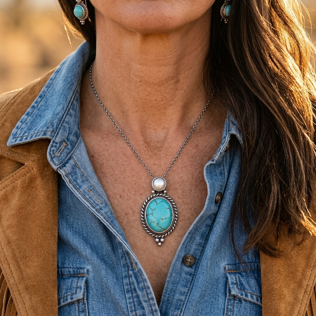 Turquoise Pearl Silver Oval Pendant Necklace