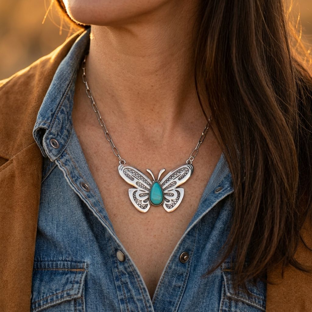 Boho Silver Turquoise Butterfly Necklace