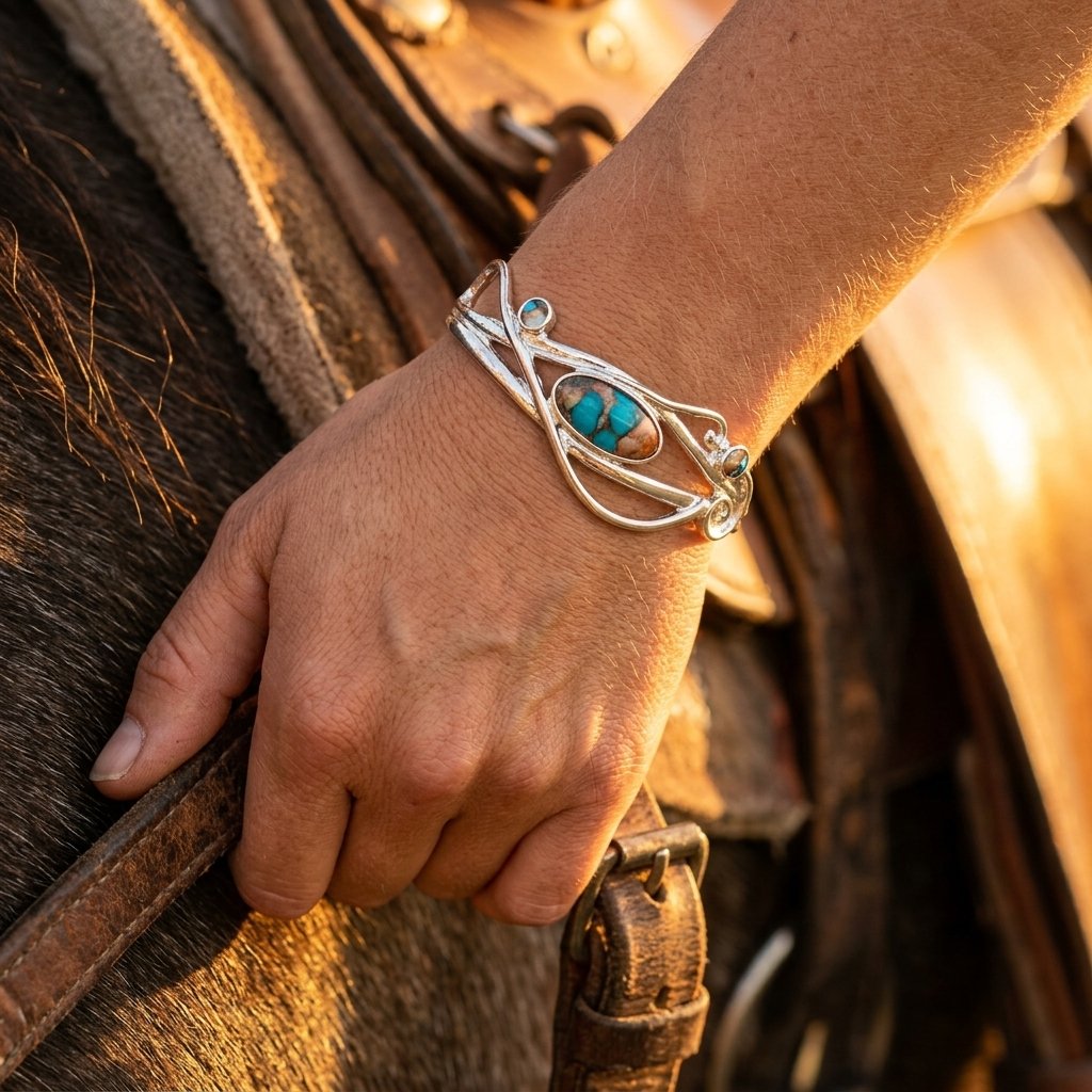 Boho Silver Turquoise Inlay Bracelet