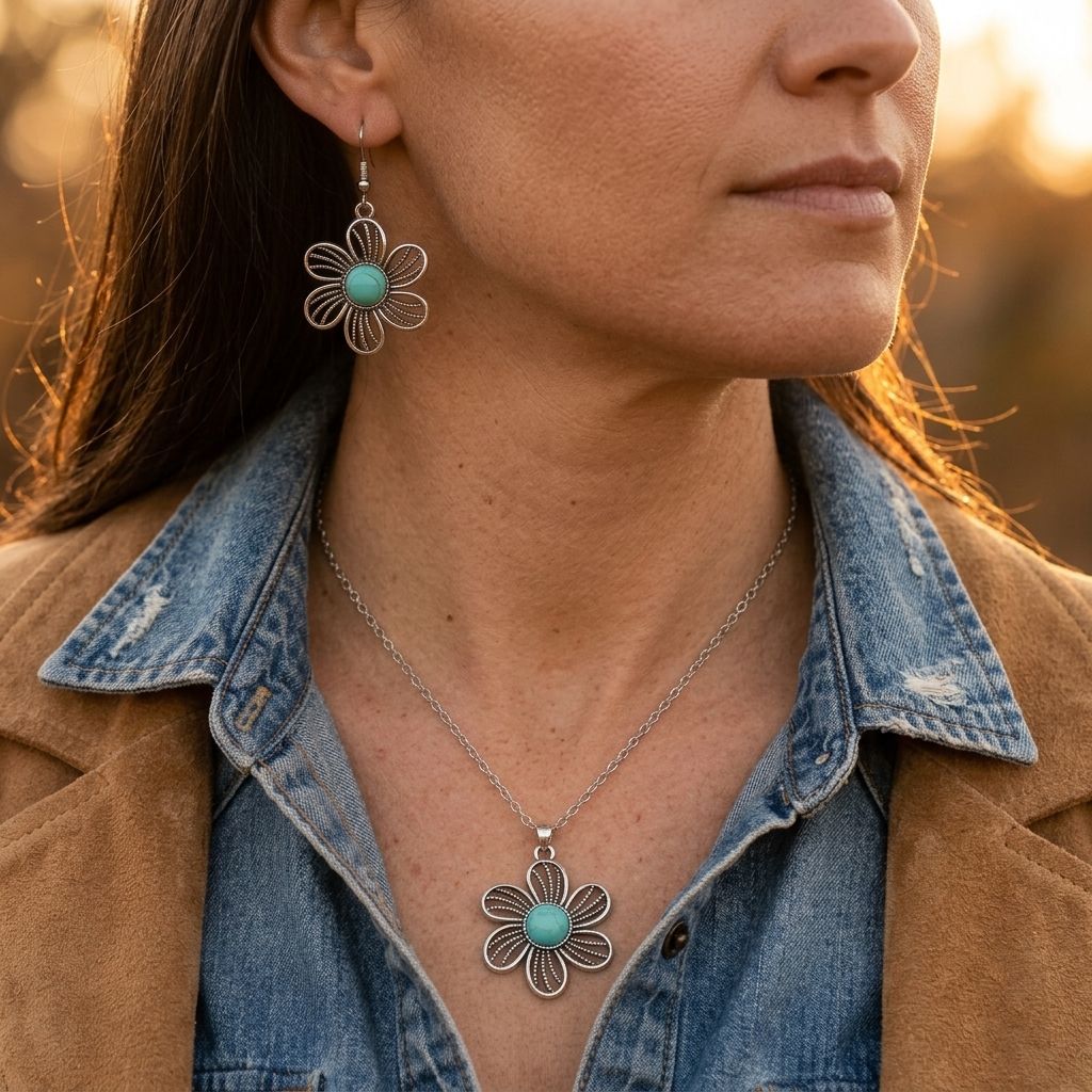 Boho Silver Floral Cutout Turquoise Jewelry Set