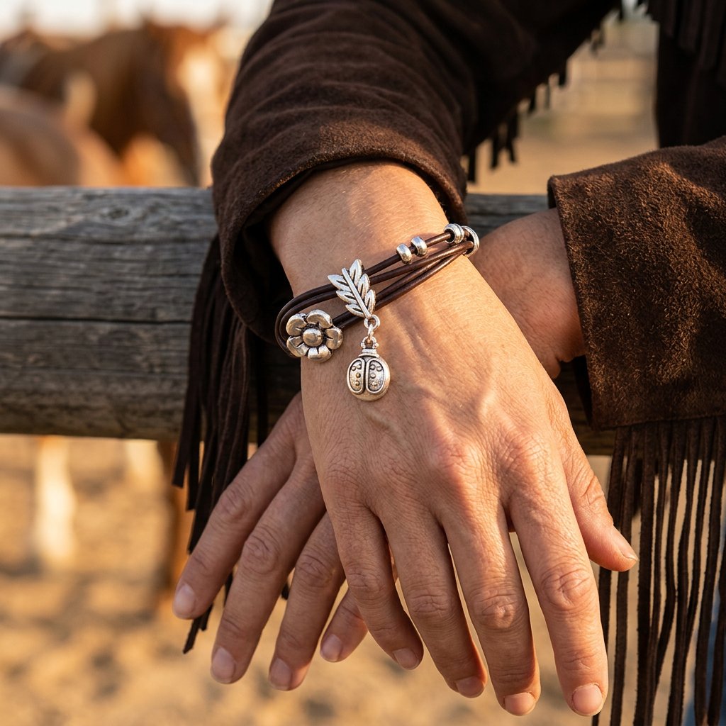 Boho Silver Leather Flower Arrow Charm Bracelet
