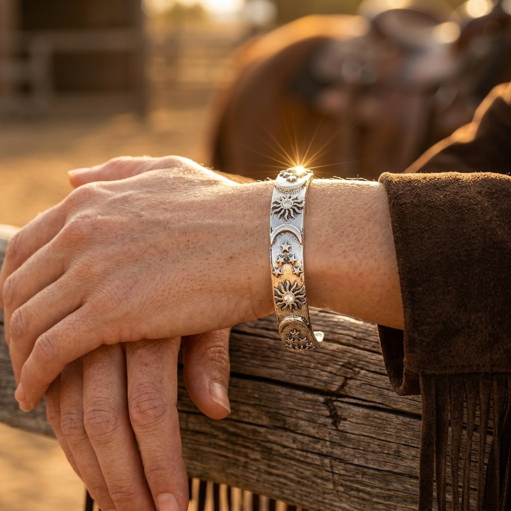 Retro Silver Embossed Sun Moon Bracelet