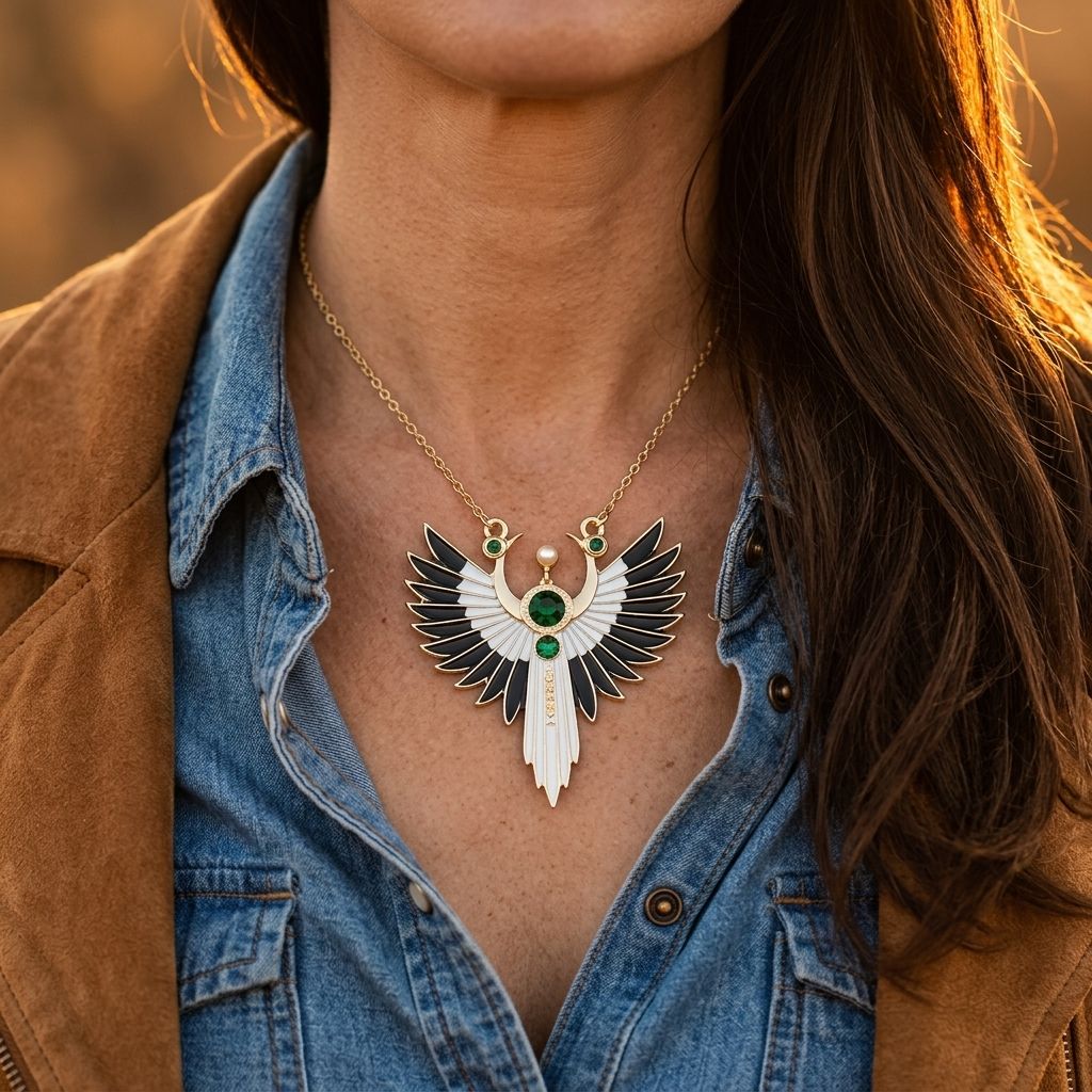 Gothic Gold Emerald Layered Wing Necklace