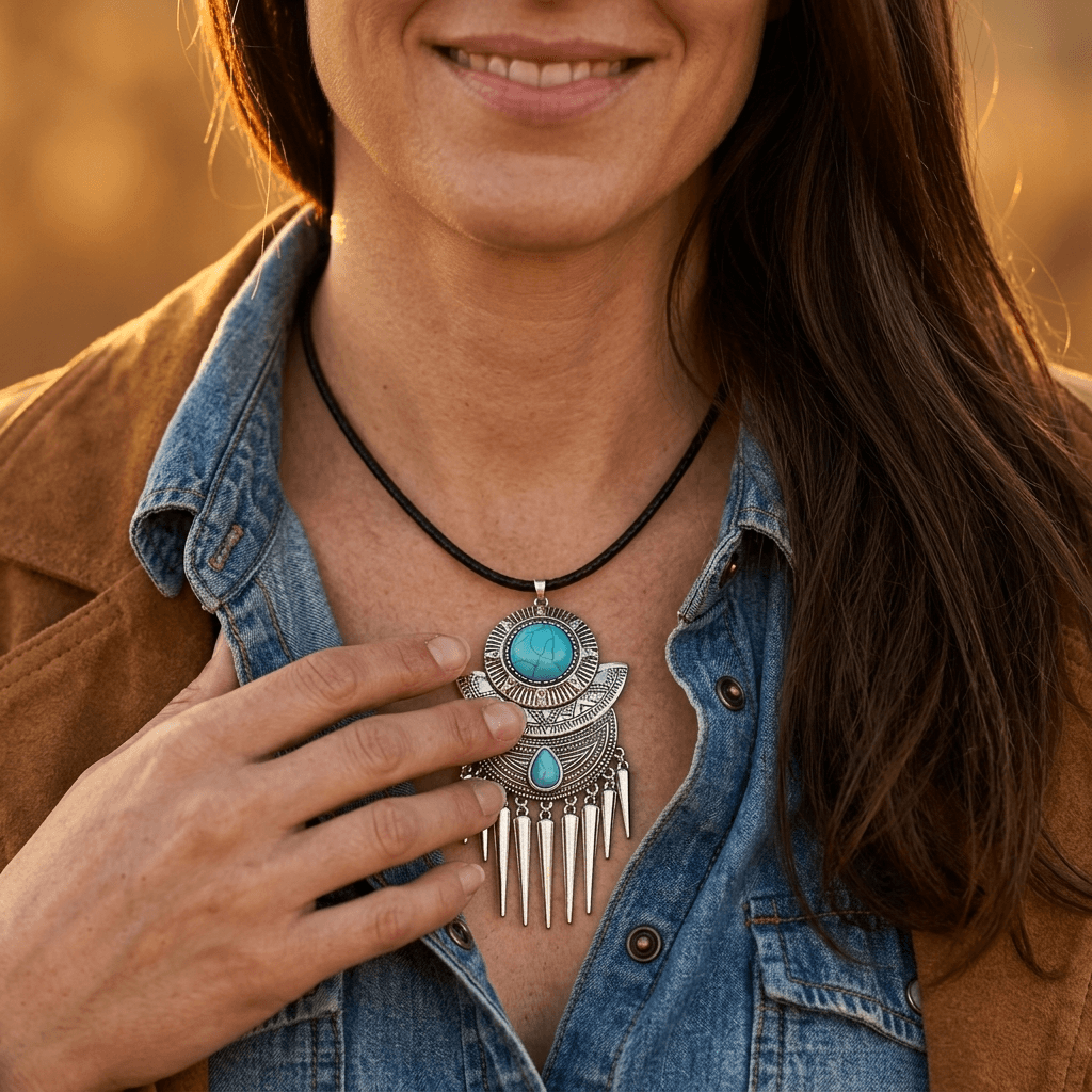 Bohemian Silver Turquoise Spike Tassel Necklace