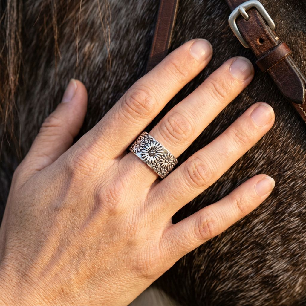 Vintage Silver Embossed Daisy Floral Ring