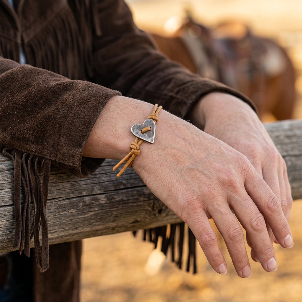 Boho Tan Leather Hammered Silver Heart Bracelet