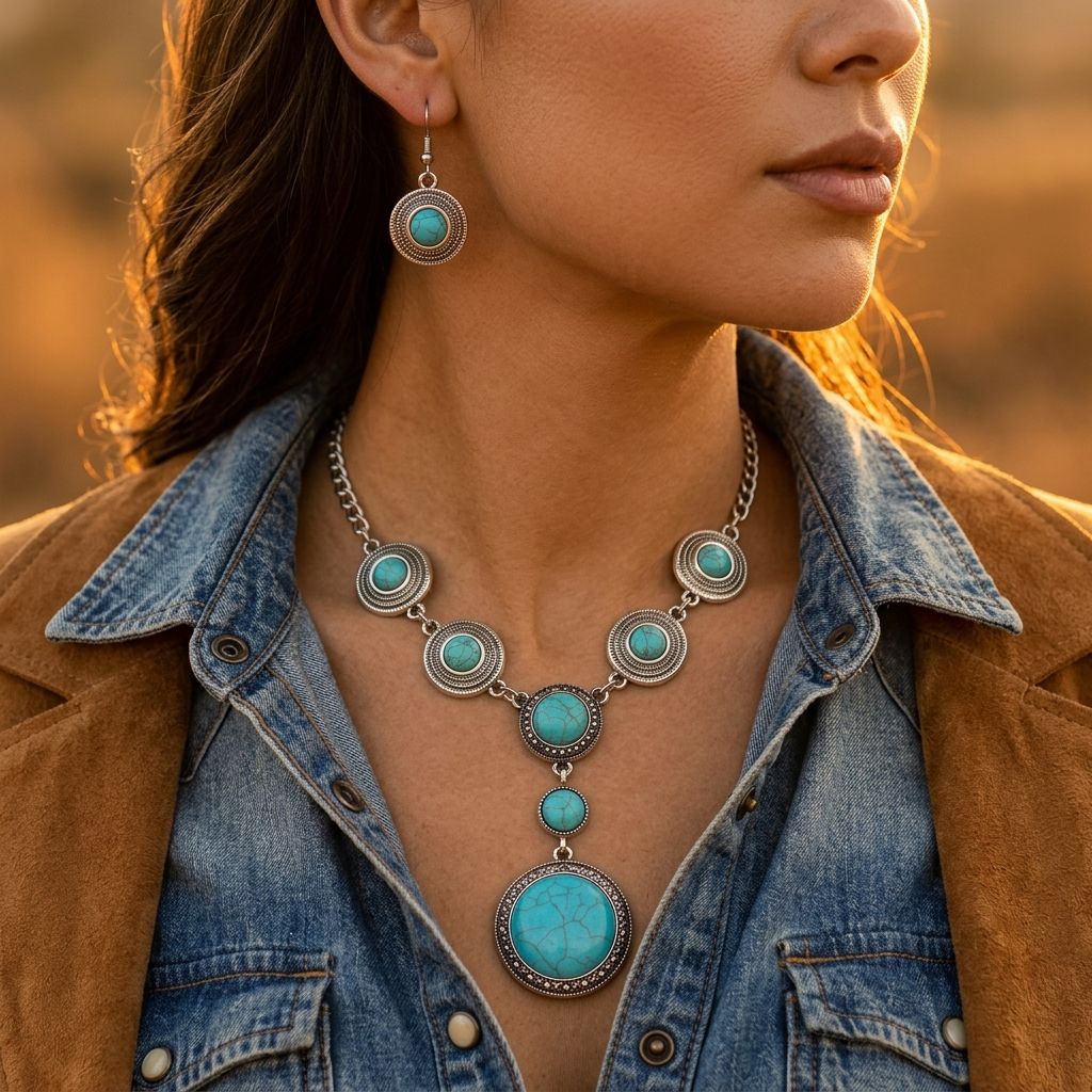 Vintage Bohemian Geometric Alloy Pendant Necklace Earrings Set