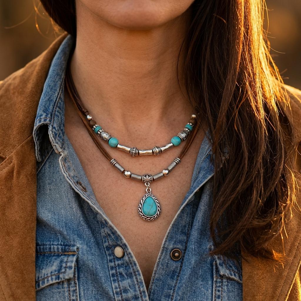 Boho Silver Turquoise Teardrop Pendant Necklace