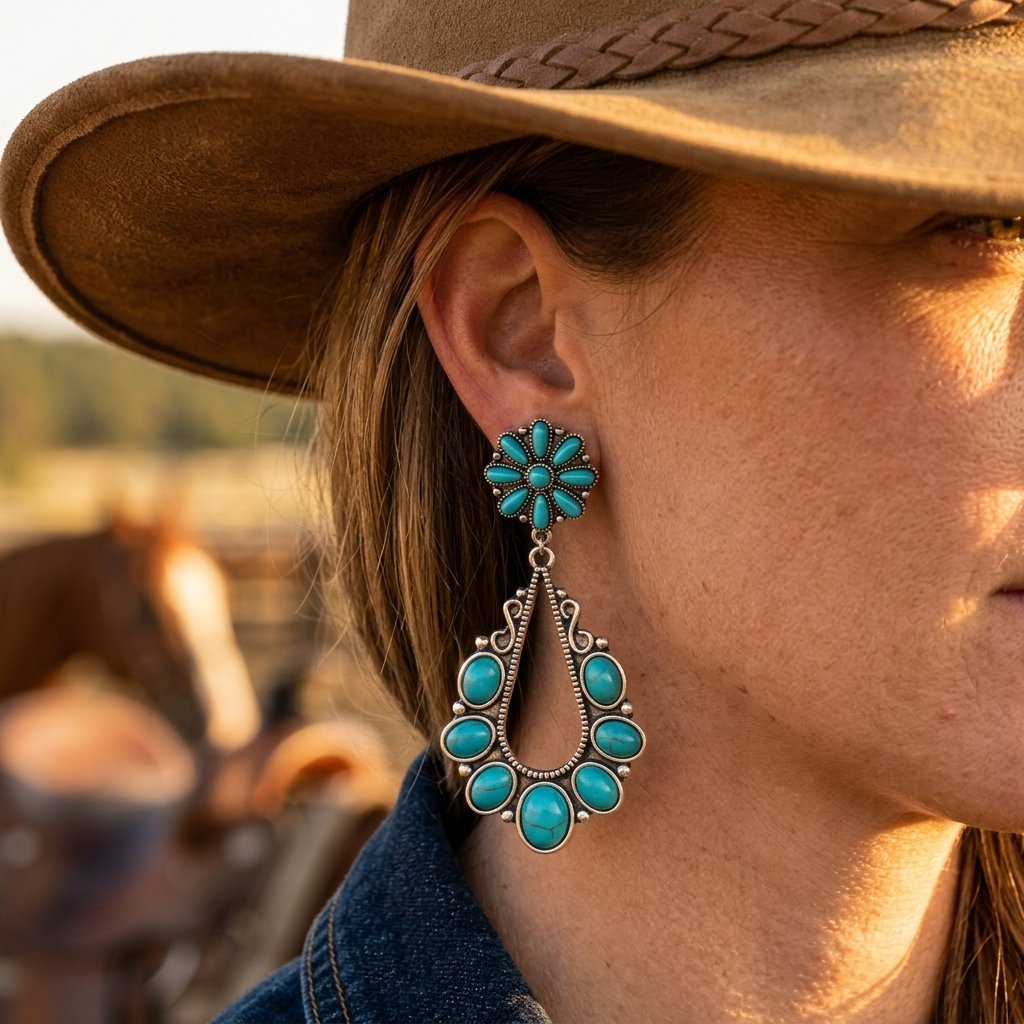 Boho Silver Turquoise Flower Earrings