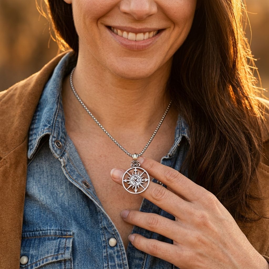Vintage Silver Compass Rose Pendant Necklace