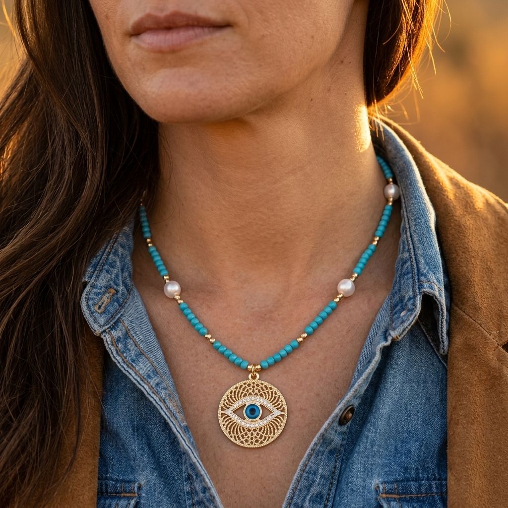 Boho Gold Turquoise Eye Necklace
