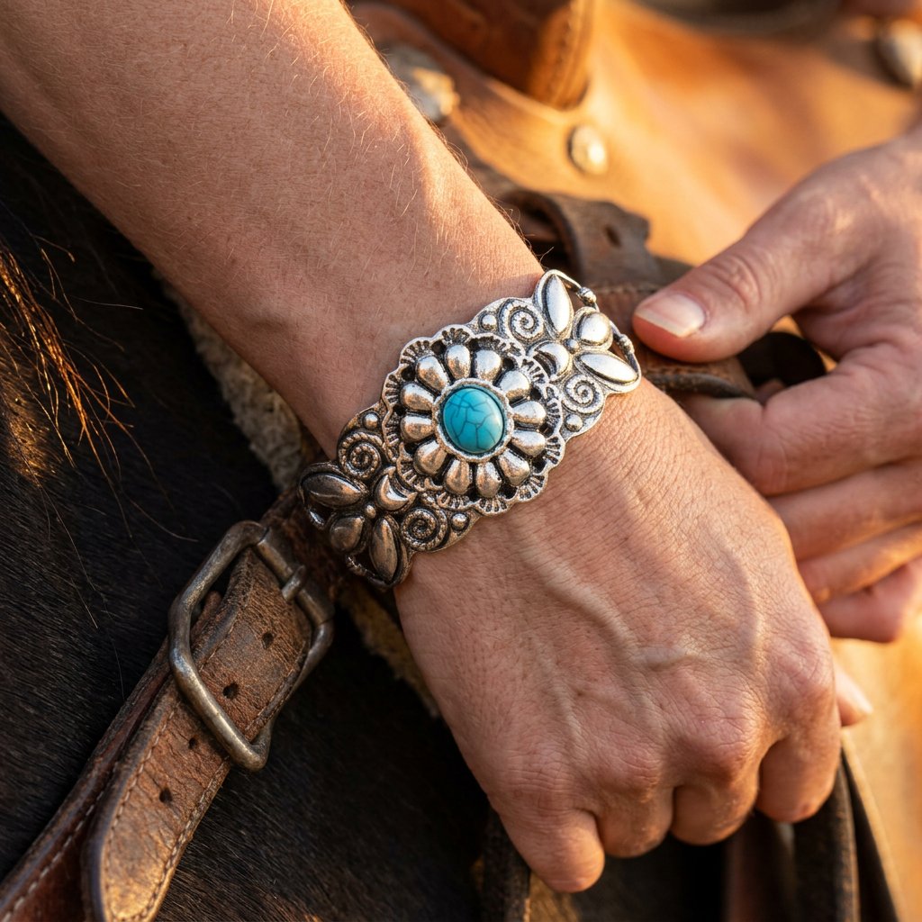 Boho Silver Floral Turquoise Concho Bracelet