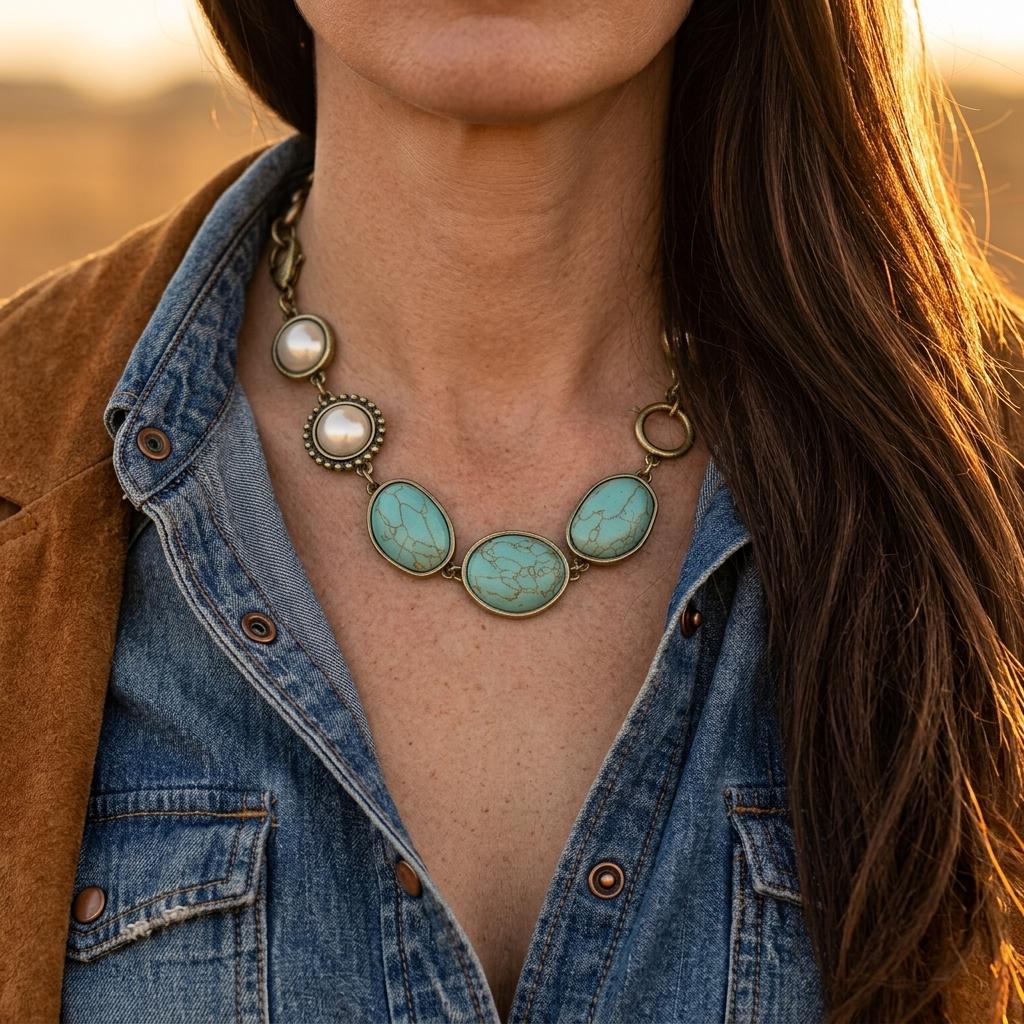 Vintage Gold Turquoise Pearl Link Necklace