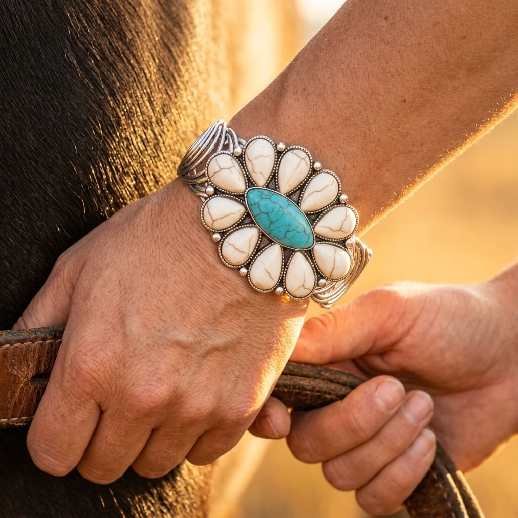 Boho Silver Turquoise Oval Flower Bracelet