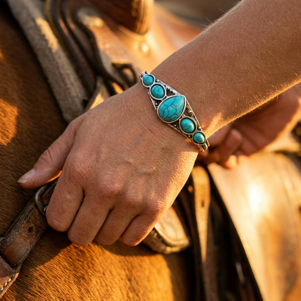 Turquoise Stone Western Silver Cuff Bracelet