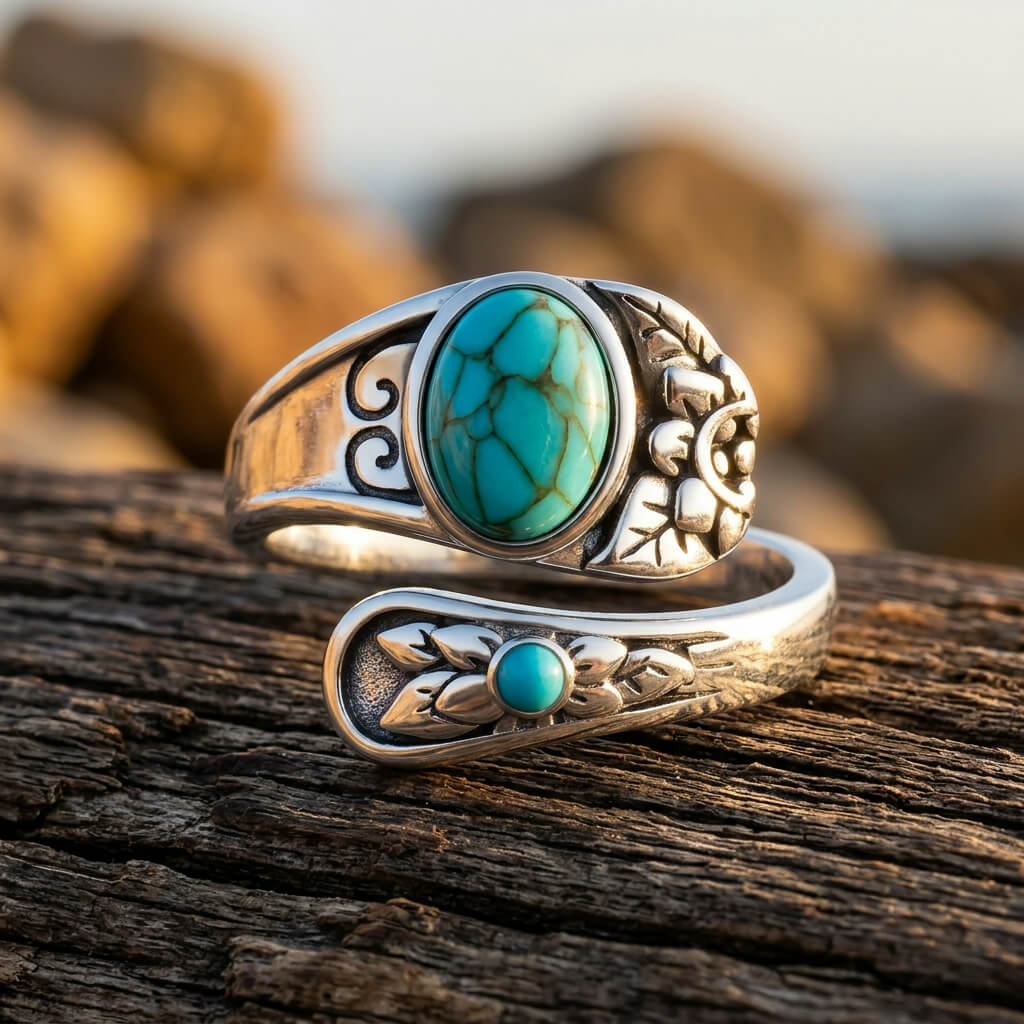 Boho Silver Turquoise Filigree Flower Ring