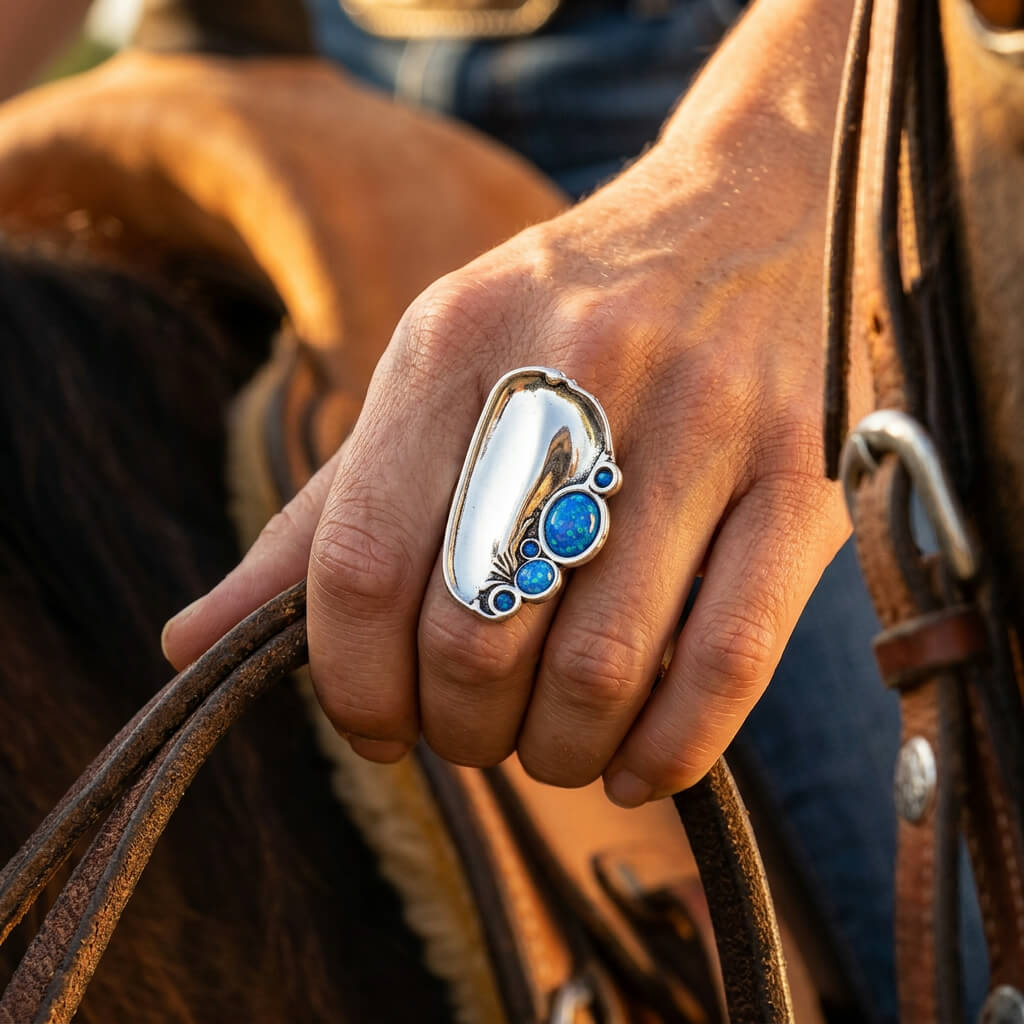 Boho Silver Blue Opal Oval Ring