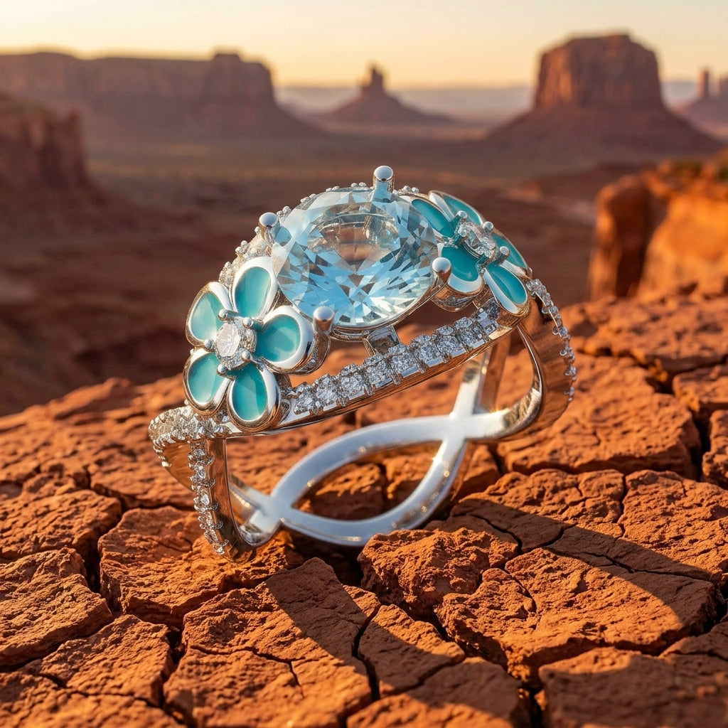 Intertwined Blooming Bud Ring - Aquamarine