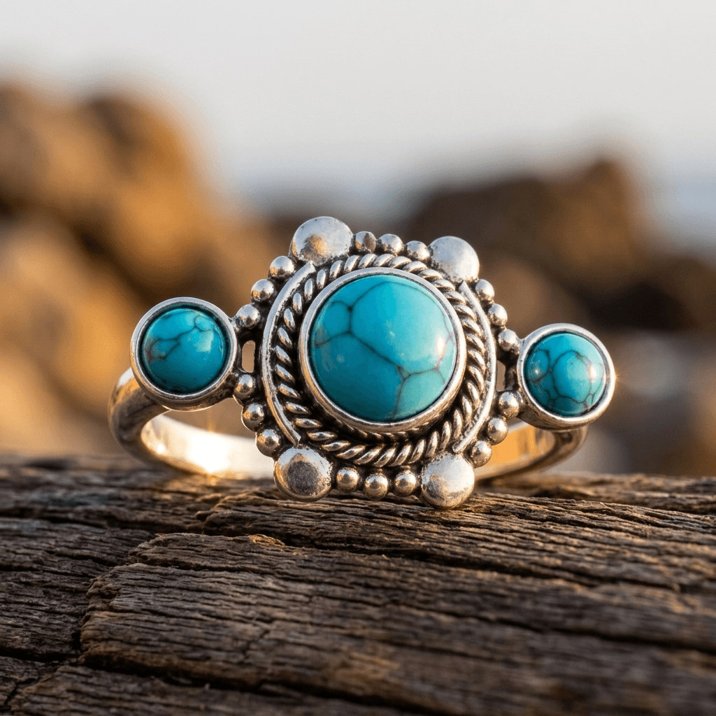 Bohemian Turquoise Inlaid Silver Ethnic Ring