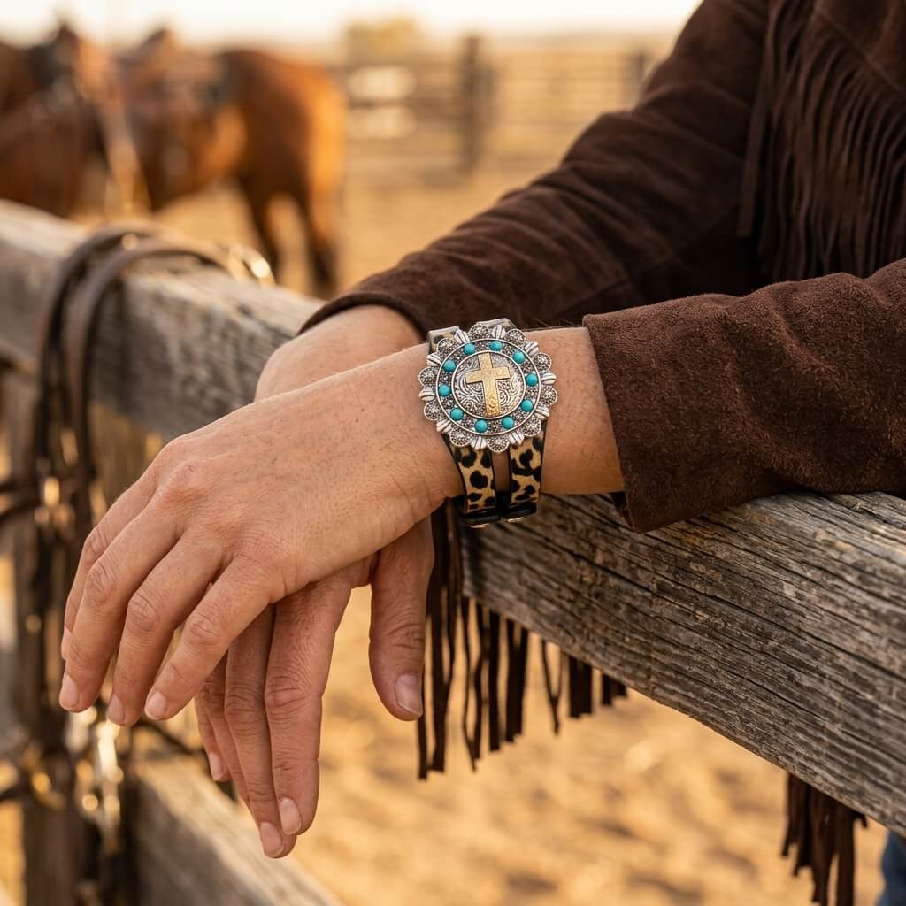 Bohemian Silver Turquoise Leather Leopard Bracelet