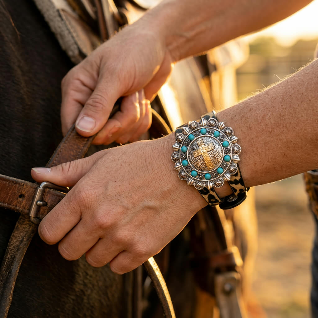 Bohemian Silver Turquoise Leather Leopard Bracelet