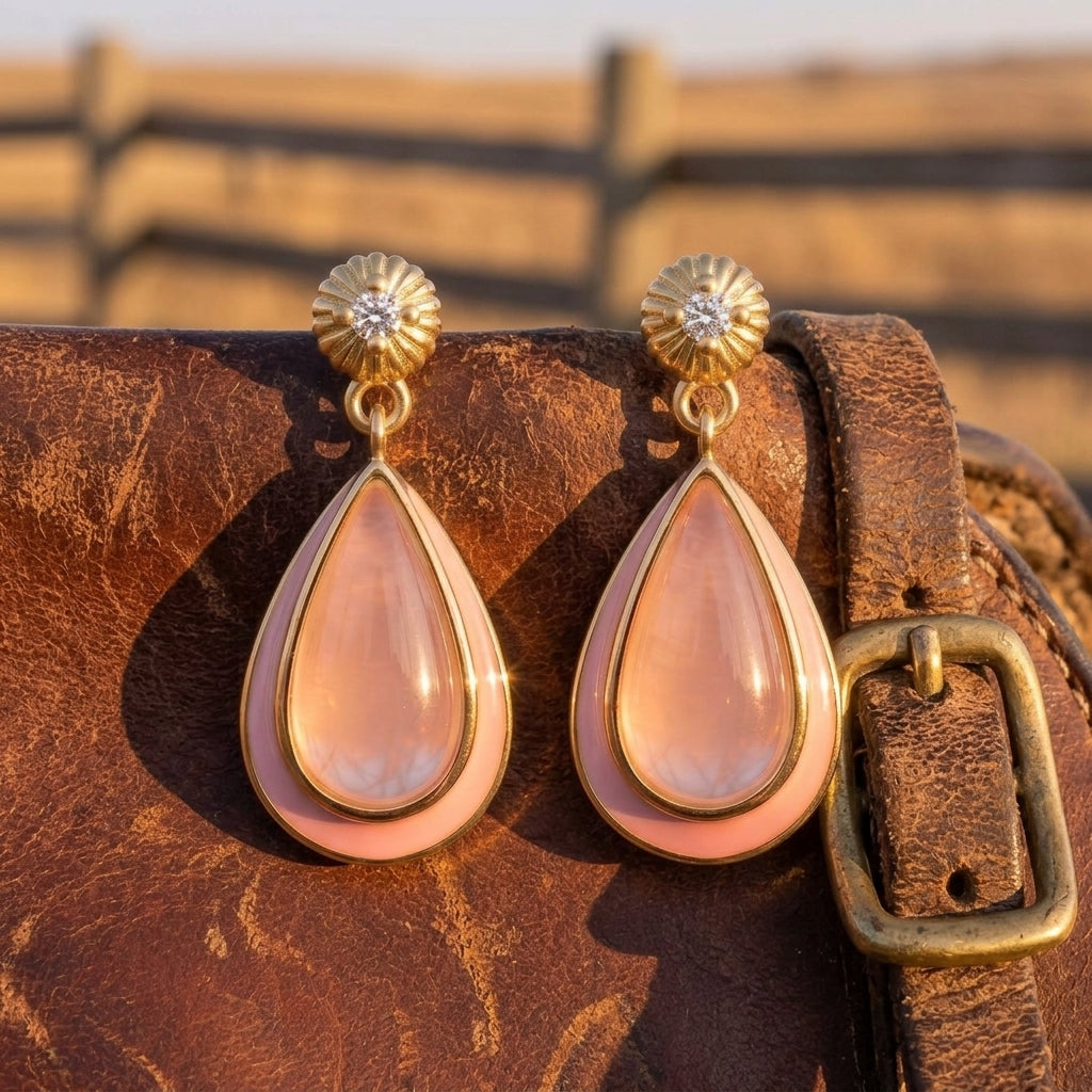 Ripple Teardrop Earrings - Rose Quartz